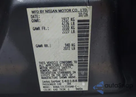 2017 Nissan Altima 2.5 Sl z USA, uszkodzony, nr VIN 1N4AL3AP6HC140188